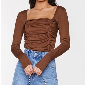 Brown ruched long sleeve bodysuit